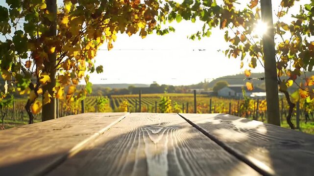 Vineyard Landscape Featuring a Wooden Table Surrounded By Autumn Leaves in a Sunny Day