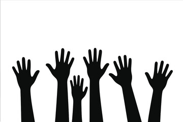 Obraz premium Silhouette vector of diverse hands reaching up. Community, teamwork and voting concept. People volunteering for charity. Social group asking for help or celebrating together.