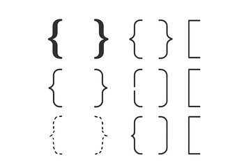 Collection of bracket and brace symbols in various styles. Vector illustration set of punctuation marks and typographic icons for design, text, and coding.