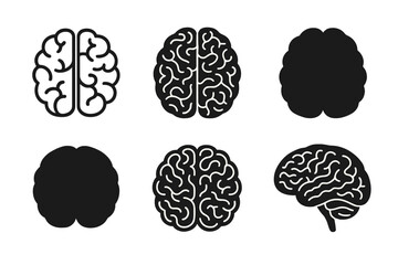 Brain icon silhouette vector set. Human mind logo for psychology, neuroscience, and mental health. Simple flat brain illustration for medical or educational design concept.