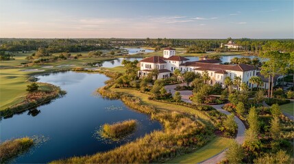 A scenic aerial view of a golf course with water features and a large clubhouse surrounded by lush greenery under a clear sky.