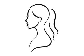 Woman face profile silhouette. Continuous line art drawing for beauty salon, spa logo, cosmetics, hairstyle. Minimalist vector illustration of a female head with ponytail.