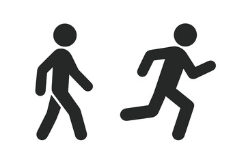 Walking and running man icon set. People symbol, walk and run pictogram. Simple pedestrian silhouette for traffic sign, sport or marathon. Person in motion. Vector logo.