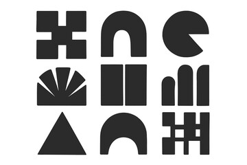Abstract geometric brutalist shapes. Minimalist textured design elements. Modern trendy vector icons for logo or poster. Bauhaus style simple forms and universal symbols.