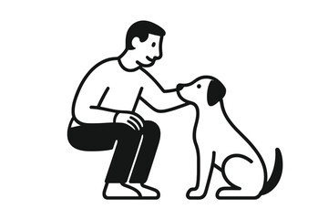 Minimalist Man Petting Dog Vector Illustration, Modern Simple Outline, Friendly Human Animal Interaction, Perfect for Pet Adoption, Veterinary Clinic, Animal Care Designs