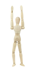 wooden man, wooden mannequin raised hands up, isolated from background, concept of supplication and petition