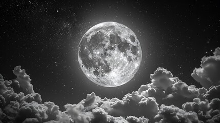 The full moon shines brightly in the night sky, surrounded by fluffy clouds and twinkling stars