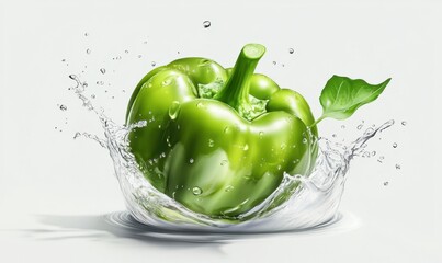 Fresh Green Bell Pepper Splashing in Water on White Background