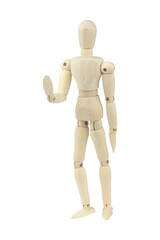 wooden man, wooden mannequin, pushing away gesture with hands, isolated on background	