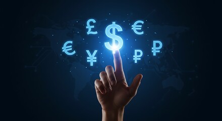 Finger touching glowing dollar sign with other currency symbols on a world map background