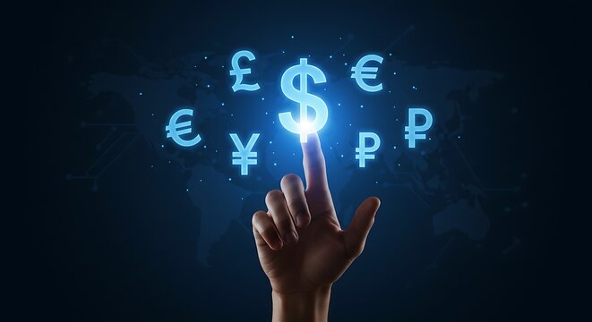 Finger touching glowing dollar sign with other currency symbols on a world map background