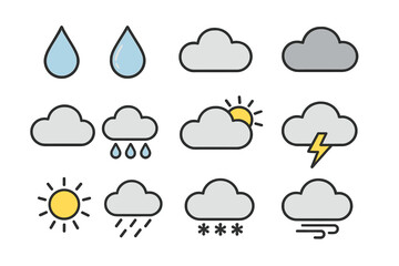 Weather Forecast Icon Set: Cloud, Rain, Storm, Sun, Water Drop, Wind, Snow, Thunderstorm Symbols, Flat Line Vector Clipart for Meteorology and App UI Design on Transparent Background