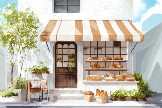 A charming bakery storefront, sunlit and serene