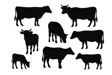 Cow silhouette vector set. Farm animal collection. Cattle, livestock, beef, dairy icon. Black agriculture graphic element. Domestic animal, calf, bull, isolated illustration.
