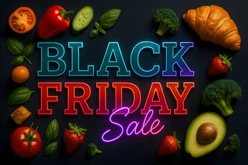 Bright Black Friday sale display featuring fresh vegetables and fruits in vibrant colors on a dark background