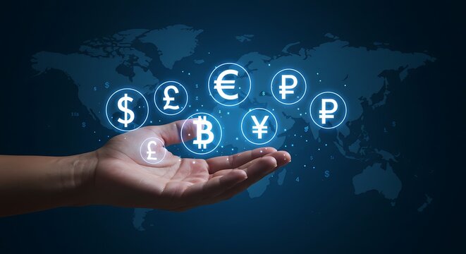 Hand displaying glowing international currency symbols and bitcoin against a world map symbolizing global finance