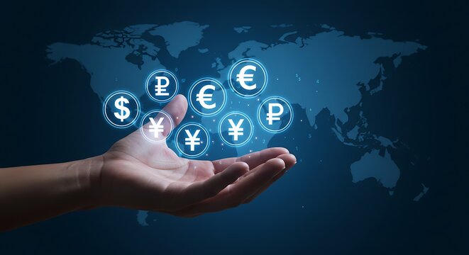 Hand holding glowing global currency symbols against a world map representing international finance and economy