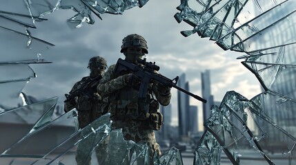 Soldiers advancing through shattered glass in urban warfare