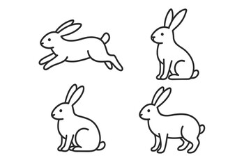 Rabbit line art set. Minimal bunny icon collection. Cute animal character in different poses, hopping, sitting, standing. Hare outline vector illustration for Easter.