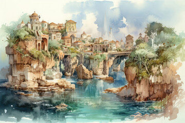 Watercolor fantasy scene of a Mediterranean town on a rocky coast. Bright houses with terraces, arches and towers are comfortably located on steep cliffs above the azure water.