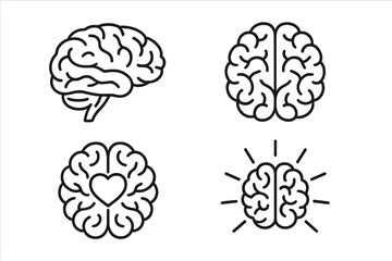 Brain icon line art vector set. Human brain drawing. Neuroscience and mental health symbol. Medical anatomy illustration. Creativity, idea and cognitive science concept.