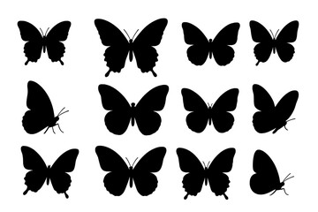Butterfly silhouette vector set. Collection of black flying insect icons. Diverse shapes of butterflies in resting and flight positions. Isolated nature design elements.