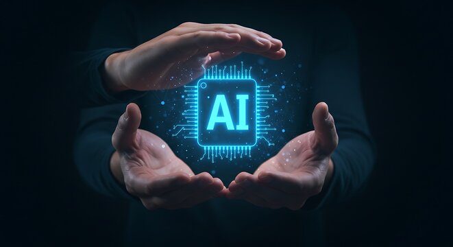 Hands cradling a luminous blue artificial intelligence chip representing advanced technology and digital innovation