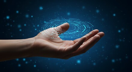 Human hand presenting a glowing blue digital interface with circular patterns and particles against a dark background