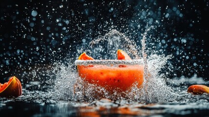 Fototapeta premium Refreshing Splash of Citrus Drink with Orange Slices and Sparkles