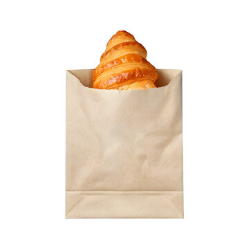a croissant wrapped in a paper bag on transparent background
