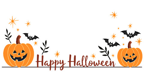 Vector illustration of a Halloween greeting with smiling pumpkins, flying bats and stars on a white background. Perfect for banners, invitations, and festive Halloween designs.