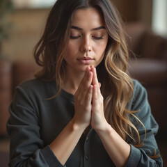Naklejka premium Woman meditating with hands together in prayer pose