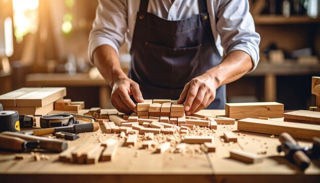 Woodworker Assembling Wooden Blocks In Workshop