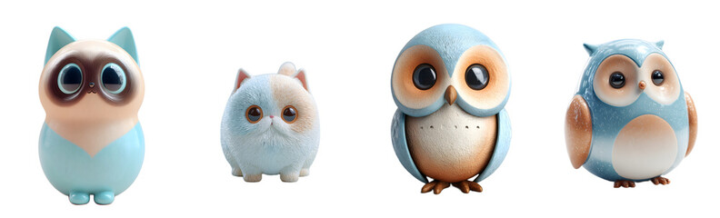 Obraz premium Pack of cute blue cartoon animals. Adorable, owl, cat, plush, kawaii, digital art, cartoon characters, animal, toy, soft, happy, mascot, whimsical