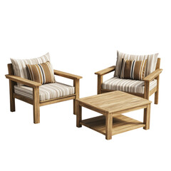 A wooden outdoor furniture set consisting of two armchairs and one coffee table, decorated with striped cushions in warm colors on a white background. transparent, alpha background png