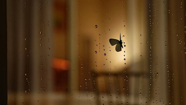 A solitary butterfly rests on a windowpane with raindrops at dusk