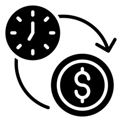 Time Value Glyph Black Silhouette Icon Vector Design - Clock and coin illustrate the concept of time value of money or timely investment returns