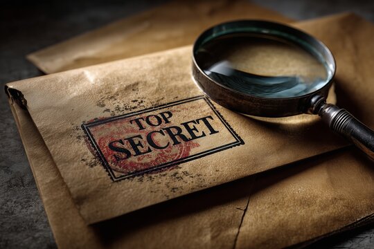 A magnifying glass rests on an envelope labeled "Top Secret," suggesting confidentiality and intrigue. The image captures the essence of mystery and investigation.