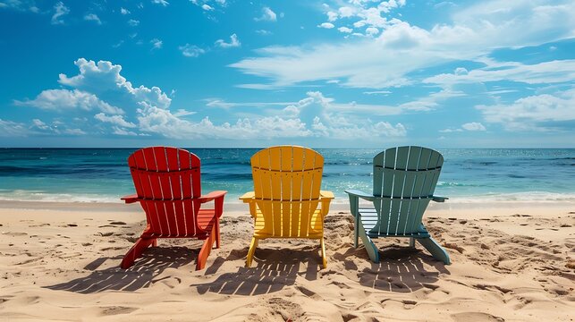Colorful beach chairs on the sand offer a tranquil view of the ocean and sky
