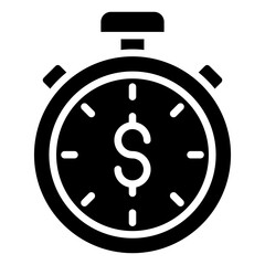 Time Finance Glyph Black Silhouette Icon Vector Design - Stopwatch with dollar symbol represents urgency in financial decisions or timed investment returns