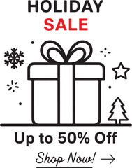 Holiday sale poster vector – 50% off Christmas discount banner, December festive offer design, winter clearance ad, red and gold promo tag, trendy shopping graphic, holiday marketing illustration.