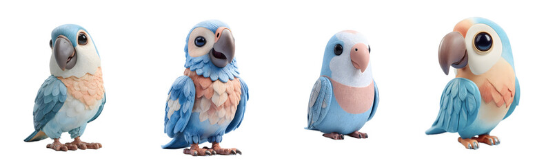 Pack of cute cartoon parrot figurines. Playful, adorable animals, pets, 3D render, cartoon characters, digital art, mascot, design elements, illustration.