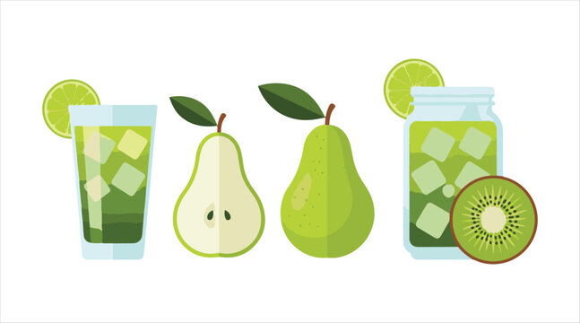 Green olives, avocados, green pears, green bell peppers, lime wedges, and a slice of kiwi. Green cocktails served in a glass and a glass jar, vector flat material design.
 - Powered by Adobe