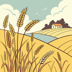 Illustration of a wheat field under a blue sky with clouds, 