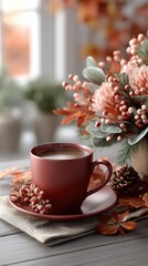 Red coffee mug steaming atop a table surrounded by vibrant autumn leaves, capturing the essence of cozy fall mornings