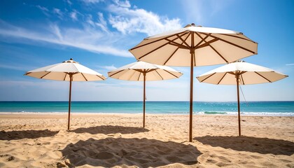Serene Beach Scene with Umbrellas, Sandy Shore, and Clear Blue Sky Background