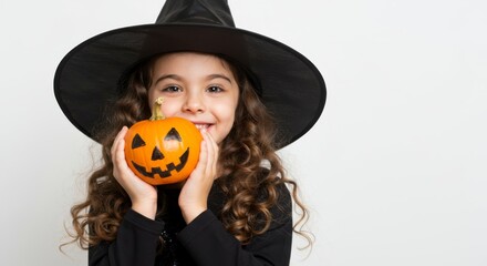 Halloween celebration young witch with pumpkin studio setting portrait photography whimsical atmosphere close-up view childhood joy