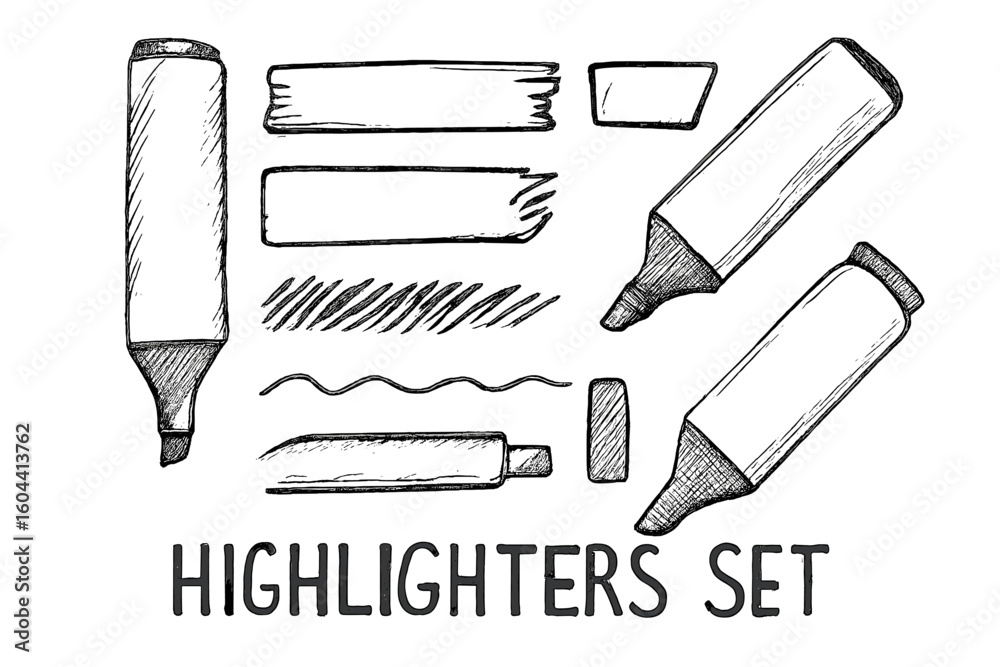 Fototapete hand drawn highlighter marker pen set. sketchy doodle underline, brush strokes and text selection bo