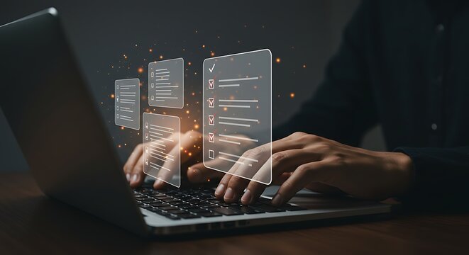 Hands typing on laptop with digital checklist icons symbolizing task management and productivity in business - Powered by Adobe