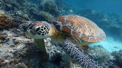 Obraz premium A sea turtle glides gracefully over a coral reef in clear blue ocean water.
